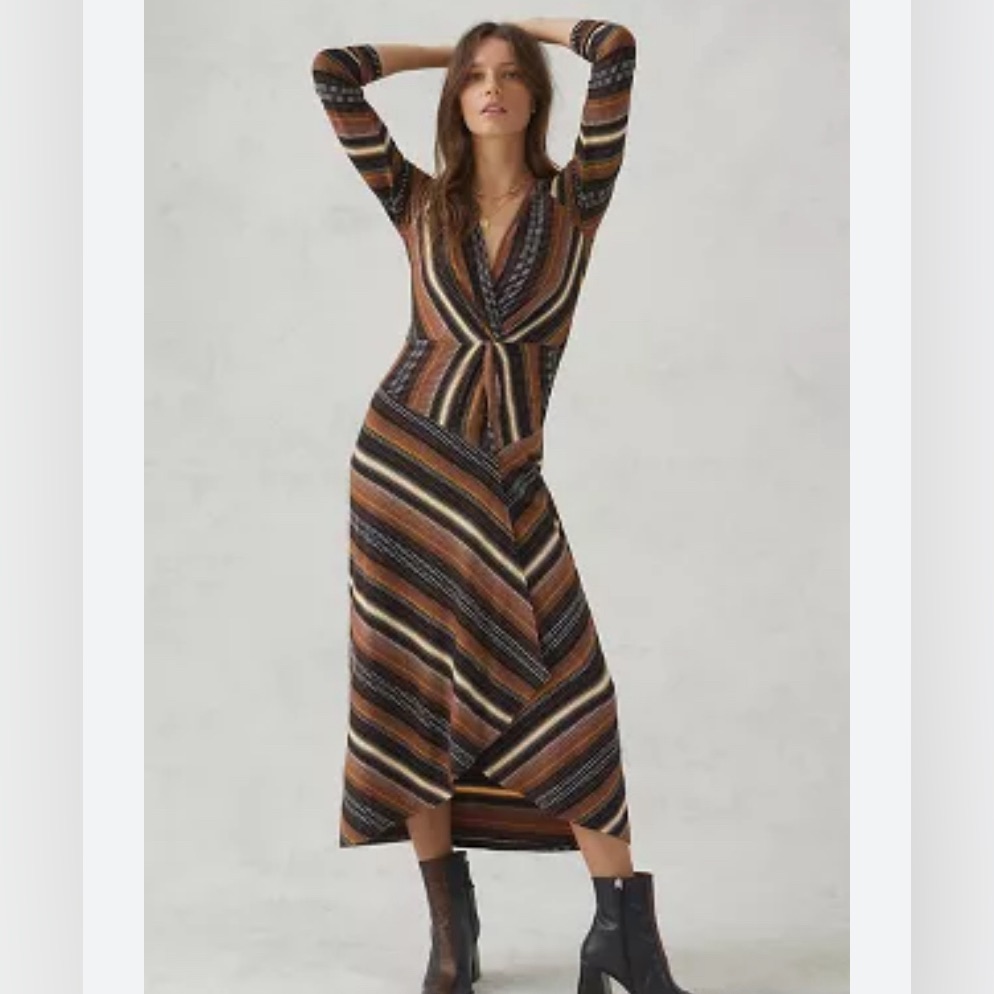 Maeve Anthropologie Wrap Midi Dress Striped Black & Brown Xs